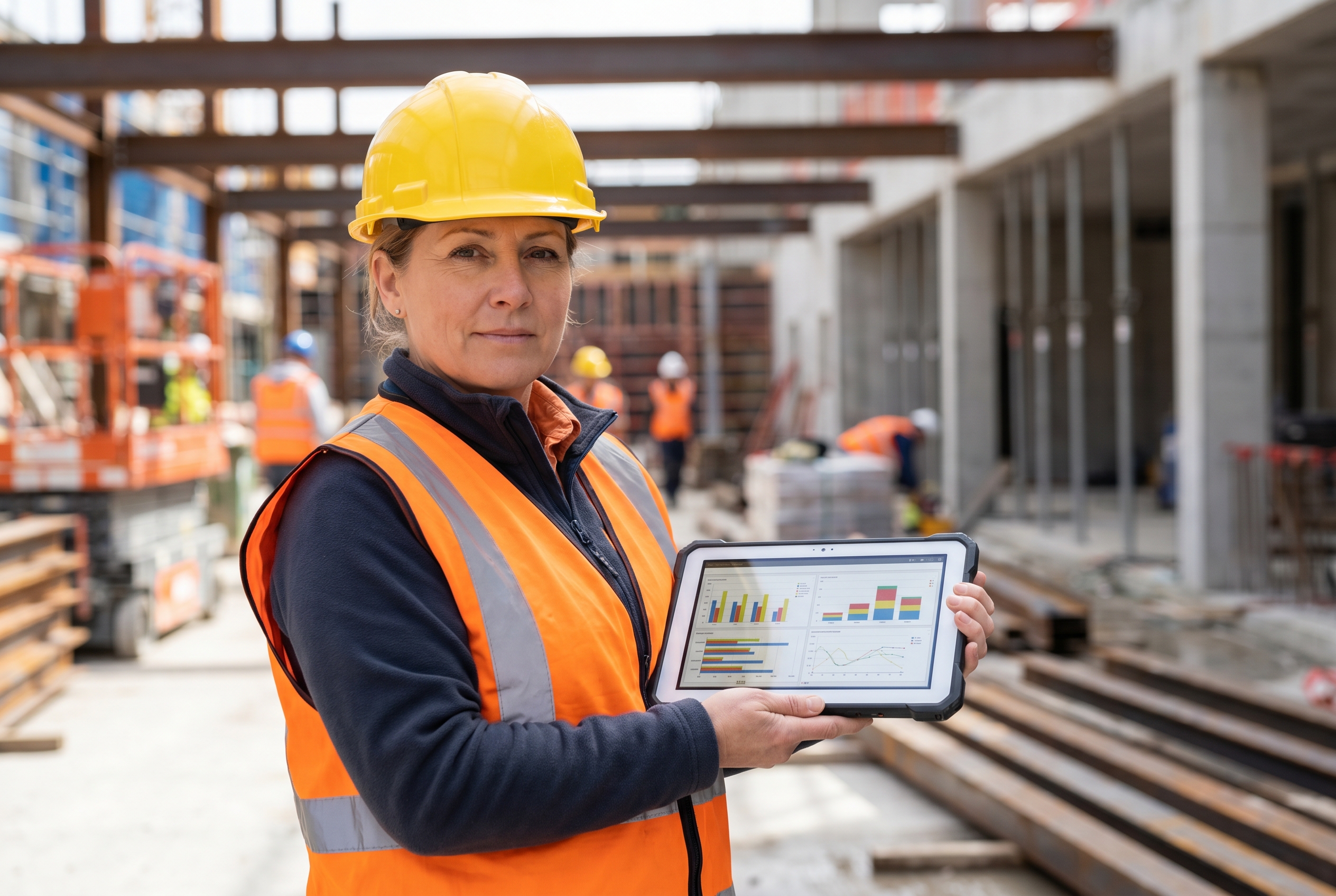 Site office paperwork and a tablet showing CIS payroll figures on a construction project
