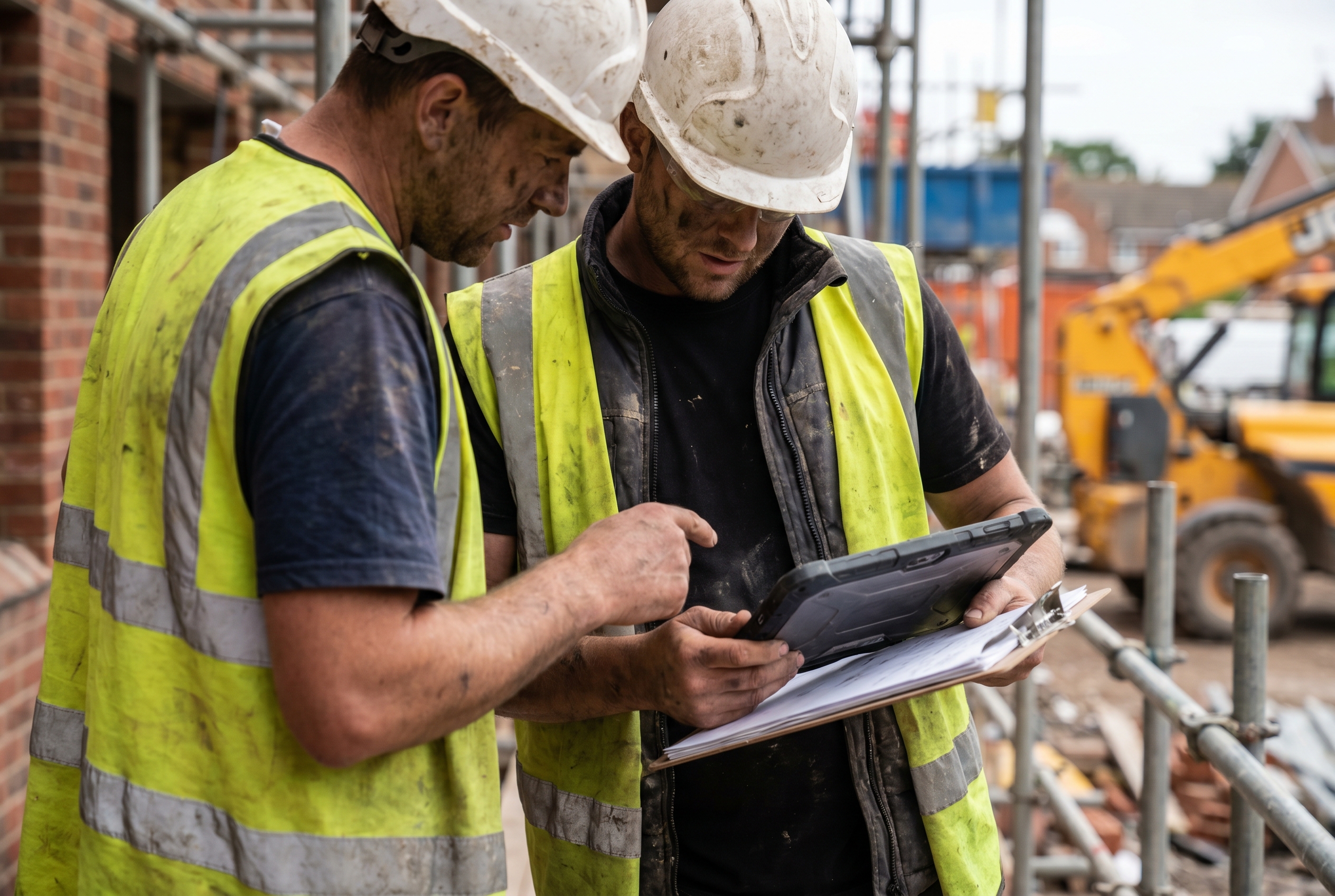 Construction workers in hard hats and hi-vis on a building site