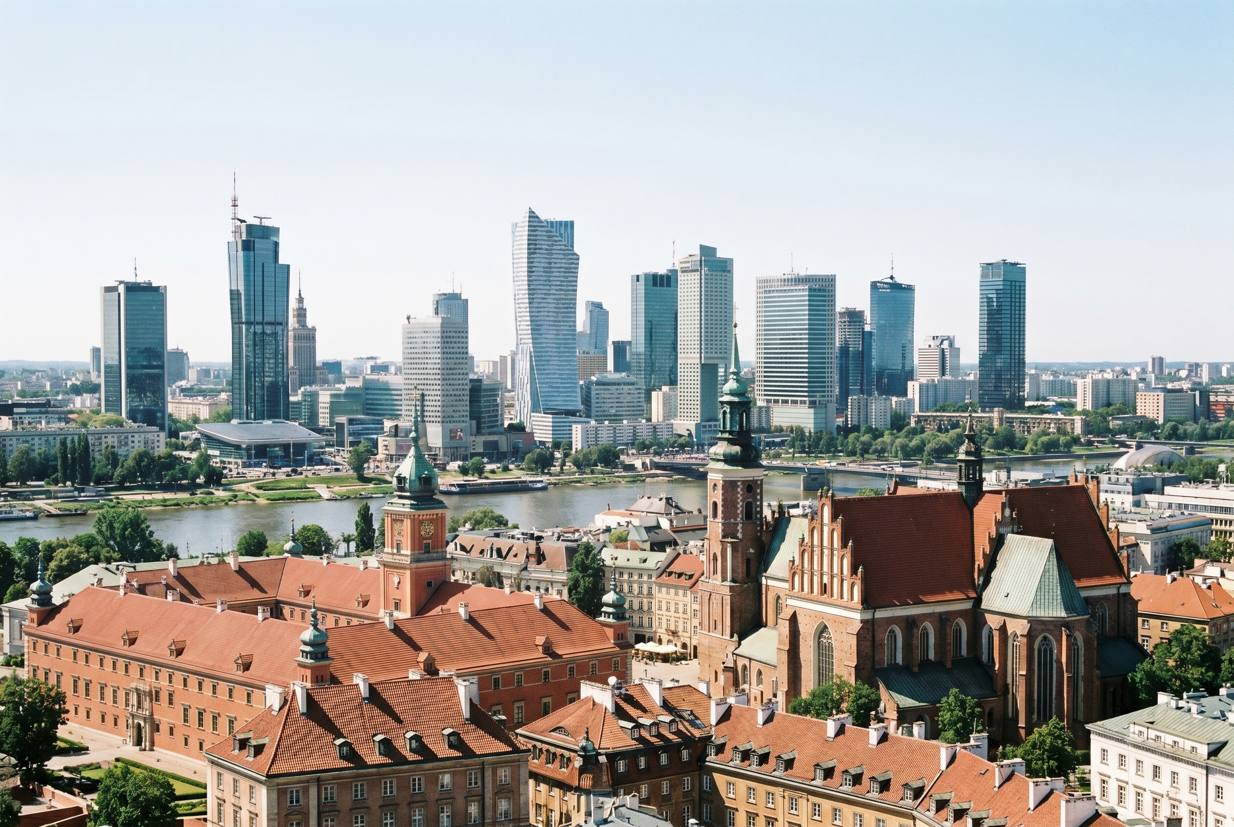 Modern and historic buildings across the Warsaw skyline